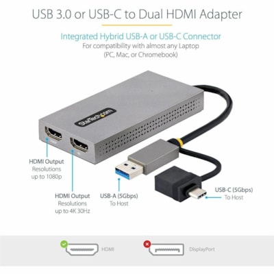 StarTech.com Adaptateur USB vers Double HDMI de 11cm, USB A/C vers 2 Écrans HDMI (1x4K30Hz/1x1080p), Convertisseur USB 3.0 à HDMI, Win/Mac - 3840 x 2160 Pris en charge - Gris - 1 HZ + 1080P 