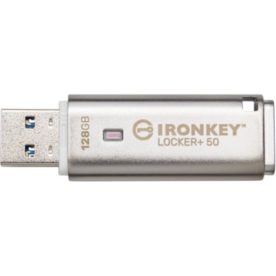 IronKey Locker+ 50 USB Flash Drive - 128 GB - USB 3.2 (Gen 1) Type A - 145 MB/s Read Speed - 115 MB/s Write Speed - Silver - XTS-AES, 256-bit AES - 5 Year Warranty   EXT 