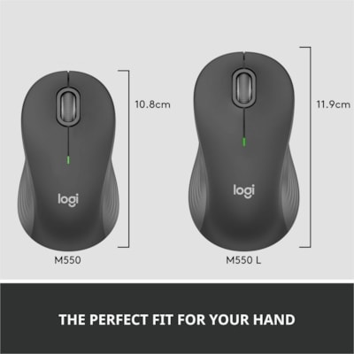 Logitech Signature M550 Mouse - Optical - Wireless - 32.81 ft (10000 mm) - Bluetooth - Graphite - USB - 4000 dpi - Scroll Wheel - 3 Button(s) - 3 Programmable Button(s) - Large Hand/Palm Size - 1 x AA Battery Supported - 1 / Each  