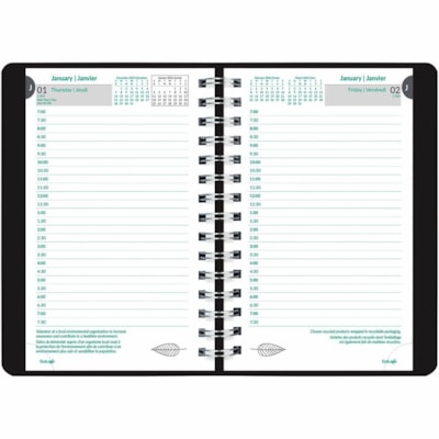 Blueline 2026 EcoLogix 12-Month Daily Planner - January to December - 8" x 5" - Black - Bilingual - Daily, Monthly - 12 Month - January 2026 to December 2026 - 7:00 AM to 7:30 PM - Half-hourly, Monday - Sunday - 1 Day Single Page Layout - 5" (127 mm) x 8" (203.20 mm) Sheet Size - Twin Wire - Black -  