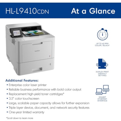 Brother Workhorse HL HL-L9410CDN Desktop Wireless Laser Printer - Color - 42 ppm Mono / 42 ppm Color - 2400 x 600 dpi Print - Automatic Duplex Print - 620 Sheets Input - Ethernet - Apple AirPrint, Mopria, Wi-Fi Direct, Brother Mobile Connect - 120000 Pages Duty Cycle - Plain Paper Print - Gigabit Et  PRNT 