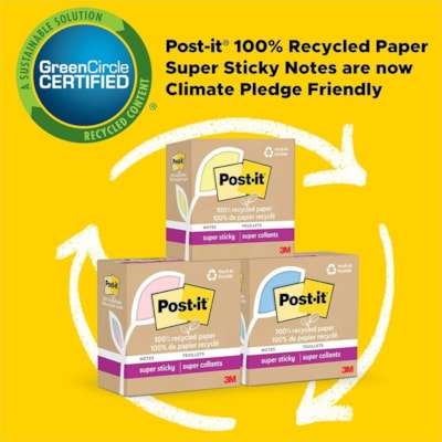 Post-it® - Notes super collantes recyclées - 70 - largeur de drapeau/note 3 po (76,20 mm) x longueur de drapeau/note 3 po (76,20 mm) - Carré - 70 Feuilles par bloc - Non ligné - Papier - Adhésif - Recyclé - 24 / emballage 3 IN X 3 IN  OASIS COLLECTIONS 24 PADS  70 SHEETS/PAD