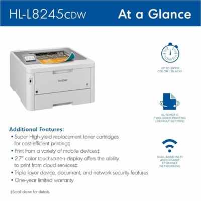 Brother HL-L8245CDW Desktop Wireless Laser Printer - Color - 31 ppm Mono / 31 ppm Color - 2400 x 600 dpi class - Automatic Duplex Print - 250 Sheets Input - Ethernet - Wireless LAN - Wi-Fi Direct, Apple AirPrint, Mopria, Brother Mobile Connect - 50000 Pages Duty Cycle - Plain Paper Print - Gigabit E  PRNT 