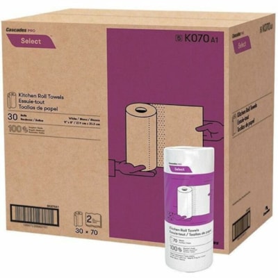 Cascades PRO Kitchen Roll Towel - 2 Ply - 70 Sheets/Roll - White - Fiber, Paper - 30 / Case 2 PLY  WHITE  30/CTN 100% RECYCLED  11" X 8" SHEET