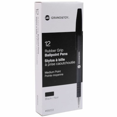 Grand & Toy Rubber Grip Ballpoint Stick Pens, Black, Medium, 12/Box - Medium Round Pen Point - Black Ink - Black Barrel - 12 / Box RUBBERIZED BARREL USES 97324 REFILL ROUNDEDGE