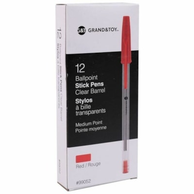 Grand & Toy Premium Ballpoint Pens, Red, Medium, 12/Box - Medium Round Pen Point - Red Ink - Clear Barrel - 12 / Box PREMIUM TUNGSTEN CARBIDE BALL NON-CLOGGING INK NON-REFILLABL