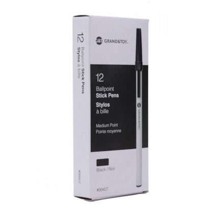 Grand & Toy Premium Ballpoint Stick Pens, Black, Medium, 12 Each/BX - Medium Round Pen Point - Black Ink - White Barrel - 12 / Box ROUND WHITE BARREL DISPOSABLE 