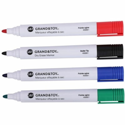 Grand & Toy Low-Odour Dry-Erase Markers, Assorted Colours, Bullet, 4/PK - Bullet Marker Point - Erasable - Assorted, Black, Green, Blue, Red Ink - White Barrel - 4 / Pack POINTE 4/PK RED BLK GRN & BLUE TEMPORARY SUB ITA01019