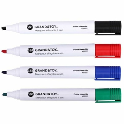 Grand & Toy Low-Odour Dry-Erase Markers, Assorted Colours, Chisel, 4/PK - Chisel Marker Point - Assorted, Black, Green, Blue, Red Ink - White Barrel - 4 / Pack TIP 4/PK RED BLACK GREEN & BLUE