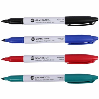 Grand & Toy Low-Odour Dry-Erase Markers, Assorted Colours, Fine, 4/PK - Fine Marker Point - Erasable - Assorted, Black, Green, Blue, Red Ink - White Barrel - 4 / Pack 4/PK RED BLACK GREEN AND BLUE 
