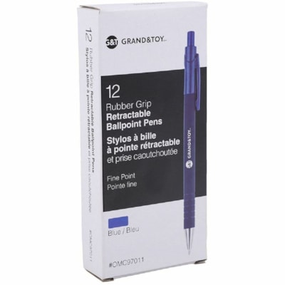 Grand & Toy Rubber Barrel Retractable Ballpoint Pens, Blue, Fine 0.7 mm, Box of 12 - 0.7 mm (0.03") Fine Round Pen Point - Retractable - Black, Blue Ink - Blue Barrel - 12 / Box FINE BLUE  REPLACED 97011 