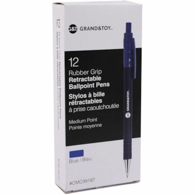 Grand & Toy Rubber Barrel Retractable Ballpoint Pens, Blue, Medium, 1.0 mm, 12/BX - 1 mm (0.04") Medium Round Pen Point - Refillable - Retractable - Blue Ink - Blue Barrel - 12 / Box NON SLIP GRIP REFILLABLE ROUNDEDGE REPLACED 99197
