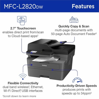 Brother MFC-L2820DW Wireless Laser Multifunction Printer - Monochrome - Gray - Copier/Fax/Printer/Scanner - 34 ppm Mono/7.9 ppm Color Print - 1200 x 1200 dpi Print - Automatic Duplex Print - Up to 35000 Pages Monthly - Monochrome Scanner - 1200 x 1200 dpi Optical Scan - Ethernet - Wireless LAN - App ER MULTIFUNCTION 