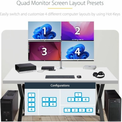 StarTech.com 4-Port KM Switch w/ Mouse Switching, USB 3.0 Keyboard/Mouse Switcher for 4 Computers, 3.5mm and USB Audio, TAA Compliant - Mouse Roaming allows users to instantly switch computers by moving the mouse between monitors without using hotkeys or physical buttons; 3x USB HID and 2x USB 5Gbps  CPNT 