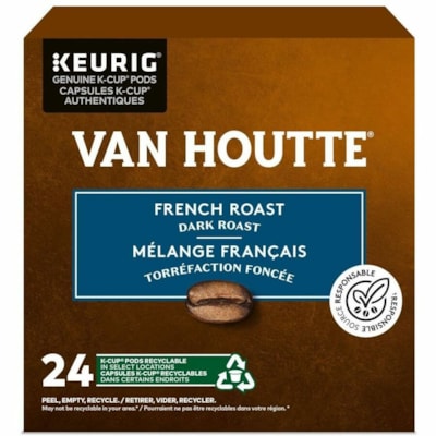 VAN HOUTTE K-Cup French Roast Dark Roast Coffee - Compatible with Keurig K-Cup Brewer - American, Regular - Dark - K-Cup - French Roast - Kosher - Decaffeinated - 24 / Box  