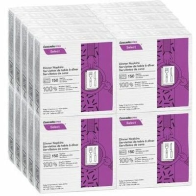 Cascades PRO Dinner Napkins, 1/8 Fold - 2 Ply - 1/8 Fold - White - Fiber 1/8 FOLD 2-PLY WHITE 150X20PK 16"X15"