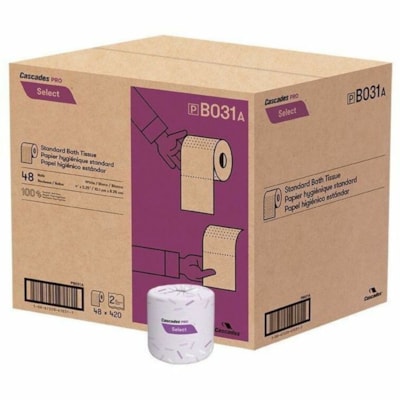 Cascades PRO Standard Bathroom Tissue - For Toilet, Bathroom, Industry, Education, Food Service, Retail - Ready-To-Use - Wipe - 4" (101.60 mm) Length x 3.25" (82.55 mm) Width - Hygienic, Soft - White - 420/Roll - 48 / Pack BT SELECT 4X3.25 48/420/2 WH 