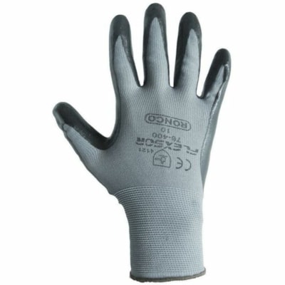 RONCO Flexsor 76-400 Work Gloves - Nitrile Coating - Small Size - Nylon - Black, Gray - Reusable, Excellent Grip, Comfortable, Abrasion Resistant, Breathable, Soft, Seamless, Flexible, Knit Wrist - For Assembly, Shipping, Machinery, General Trade, Warehouse, Finished Goods, Carpentry, Stocking, Cabl SMALL NITRILE COATED NYLON GLOVES