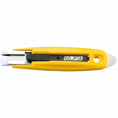 Olfa SK-9 Semi-Automatic Self-Retracting Safety Knife with Tape Splitter - Stainless Steel Blade - Self-retractable, Spring-loaded Blade, Durable, Contoured Grip, Comfortable Grip, Textured Grip, Long Lasting, Quick-release Blade, Heavy Duty, Staple Remover - ABS Plastic, Metal - Yellow, Black SELF-RETRACTING SAFETY KNIFE 