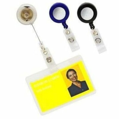 GBC Badgemates Badge Holder - Plastic, Metal, Vinyl, Nylon - Clear, Black, Blue, Gray - Retractable Cord, Durable, Pocket Clip, Secure - 5 / Pack 2 BLK 2 BLU AND 1 GREY 5/PK 