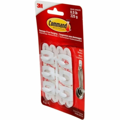 Command Hook - 6 Hooks - 8 oz (226.80 g) Capacity - for Apartment, Dorm, Glass, Home, Office, Paint, Tile, Tool, Wall, Wood - Plastic - White 6HOOKS 8STRIPS PER PACK HOLDS UP TO .5LBS