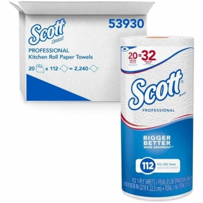 Scott - SCOTT PRO TOWEL ROLL 20X112SHT - 1 Pli - largeur de 8,70 po (220,98 mm) x longueur de 11 po (279,40 mm) - 112 Feuilles/Rouleau - diamètre du rouleau 4,90 po (124,46 mm) - Blanc - Papier, Fibre vierge - 20 / Carton KITCHEN TOWEL 1 PLY FULL SIZE 11X8.78