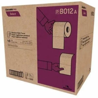 Cascades PRO - Papier hygiénique B012 - 1 Pli - largeur de 4,20 po (106,68 mm) x longueur de 3,80 po (96,52 mm) - 1000 Feuilles/Rouleau - Blanc - Papier - 48 Rouleaux paremballage 4"X3.25" 1000 FEUILS/ROUL 1PLI 