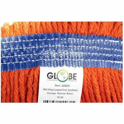 Globe Syn-Pro Synthetic Narrow Band Wet Orange Looped End Mop - 16 Oz / Orange - 7" (177.80 mm) Width x 16.75" (425.45 mm) Length - Looped Ends, Tailband, Tangle Resistant, Chemical Resistant, Shrinkless, Launderable, Break Resistant, Fray Resistant - Synthetic Yarn - Orange, Blue - 16 oz (453.59 g) ANTI SHRINK SYNTHETIC YARN TAILBAND AND CHEM RESISTANT