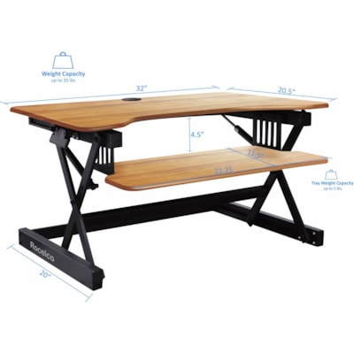 Rocelco 32"W-18"H Adjustable Desk Riser - 35 lb (15875.73 g) Load Capacity - 18" (457.20 mm) Height x 32" (812.80 mm) Width x 20.50" (520.70 mm) Depth - Desk - Teak - For Monitor, Notebook - Adjustable, Ergonomic, Keyboard Tray, Grommet, Cable Management esk Riser 