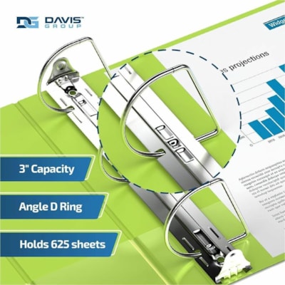 Davis Group Premium Economy, Angle D Ring, Binder, 6 Pack (Lime Green, 3") - Letter - 8 1/2" (215.90 mm) x 11" (279.40 mm) Sheet Size - 625 Sheet Capacity - 3 x 3" (76.20 mm) Ring(s) - Fastener(s): D-Ring - Pocket(s): 2, Internal - Polypropylene - Lime Green - 9.10 lb (4127.69 g) - Spine Label, PVC- n 