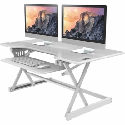 Rocelco 46" Large Height-Adjustable Standing Desk Riser, White - 46" (1168.40 mm) Width x 23.60" (599.44 mm) Depth - Desk - Matte - Steel, Laminate, Medium Density Fiberboard (MDF), Metal - White - For Multipurpose, Computer, Monitor, Notebook, Commercial - Keyboard Tray, Ergonomic, Grommet, Cord Ma table Desk Riser 