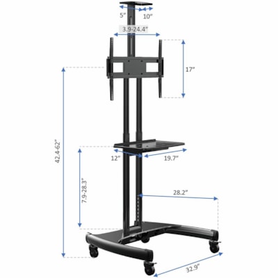 Rocelco 32"-70" TV Mobile TV Cart with A/V Component/Webcam Shelf - 100 lb (45359.24 g) Capacity - 2.50" (63.50 mm) Caster Size - Steel Frame - Black - 32" to 70" Screen Supported art with A/V Component/Webcam Shelf