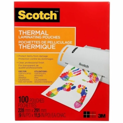 Scotch - Pochettes de pelliculage thermique Scotch®, TP3854-100-C, 3 mil, 100/paquet - Sheet Size Supported : format lettre largeur de 8,50 po (215,90 mm) x longueur de 11 po (279,40 mm) - Laminating Pouch/Sheet Size : largeur de 9 po (228,60 mm) x longueur de 11,50 po (292,10 mm) x épais TP3854-100-C 9INX11.5IN (228MMX291MM)