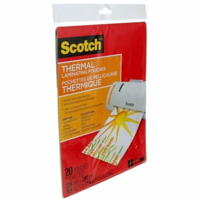 Scotch Thermal Laminating Pouches TP3854-20-C, 228 mm x 291 mm, 20/Pack - Sheet Size Supported: Letter 8.50" (215.90 mm) Width x 11" (279.40 mm) Length - Laminating Pouch/Sheet Size: 8.98" (228 mm) Width x 11.46" (291 mm) Length x 3 mil (0.08 mm) Thickness - Glossy - for Document, Classroom, Home, L TP3854-20-C 9INX11.5IN (228MMX291MM)