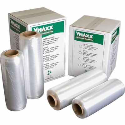 Malpack V-Maxx Pre-Stretch Hand Film, 18" x 1,476', 4 Rolls/CT - 18" (457.20 mm) Width x 1476 ft (449884.80 mm) Length - Puncture Resistant - Transparent, Clear - 4 / Carton 18" X 1476' ROLL 4 ROLLS PER CASE