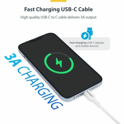 StarTech.com 3ft (0.9m) White USB-C Charging Cable, USB 2.0 Type-C Laptop Charger Cord, 60W Power Delivery, TPE Jacket, Data Transfer Cable - USB-C Charging Cable supports 60W/3A Power Delivery and 480Mbps; Fast Charge from a USB-C wall charger/power bank; Works w/USB-C laptops/tablets; Color: White  PWR 