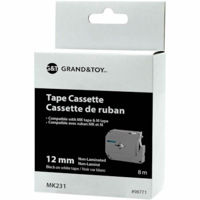 Grand & Toy P-Touch M-Series Thermal Label Tape, Black Type/White Label, 12 mm - x 15/32" (12 mm) Width x 26 1/4 ft (8 m) Length - Tape - Standard Adhesive - Thermal - Black on White - 1 Each  
