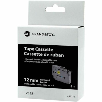 Grand & Toy - Ruban d'étiquettes TZe - largeur de 15/32 po (12 mm) x longueur de 26 1/4 pi (8 m) - Standard Adhésif - Transfert thermique - Noir avec texte noir - Décollage facile - 1 chaque  