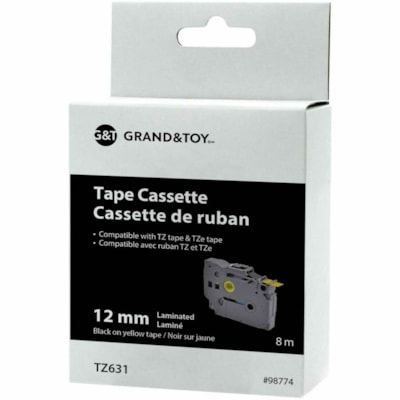 Grand & Toy - Ruban d'étiquettes TZe - largeur de 15/32 po (12 mm) x longueur de 26 1/4 pi (8 m) - Standard Adhésif - Transfert thermique - Jaune avec texte noir - Décollage facile - 1 chaque  