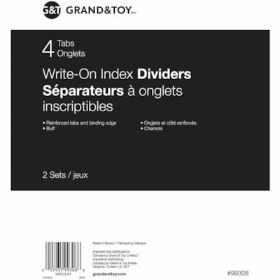 Grand & Toy Write-On Index Dividers, Buff, 8 1/2" x 11" , 4-Tabs/ST, 2 Sets/PK - Blank, Write-on Tab(s) - Index - 4 Tab(s)/Set - Letter - 8.50" (215.90 mm) Width x 11" (279.40 mm) Length - 3 Hole Punched - Tan Plastic DividerRecycled - Writable, Reinforced Edges, Reinforced Binding Edge, Reinforced  STOCK MYLAR  2STS OF 4TABS REINFORCED TABS/HOLES  10% PCW