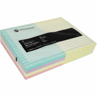Grand & Toy Self-Stick Notes, Assorted Pastel Colours, Lined, 4" x 6" , 100 Sheets/Pad, 8 per - 100 x Pastel Blue, 100 x Pastel Purple, 100 x Pastel Yellow, 100 x Pastel Pink - 6" (152.40 mm) Flag/Note Width x 4" (101.60 mm) Flag/Note Length - Rectangle - 100 Sheets per Pad - Assorted Pastel, Blue,  100 SHEETS/PAD 8PK 8 PADS/PACK