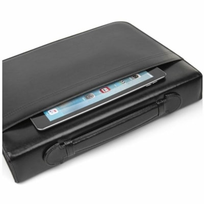 bugatti Ring Binder - Letter - 8 1/2" (215.90 mm) x 11" (279.40 mm) Sheet Size - 2" (50.80 mm) Ring(s) - Fastener(s): D-Ring - Pocket(s): Internal, Front - Synthetic Leather, Vegan Leather - Black - Write-on, Calculator, Handle, Pen Loop, Zipper Closure, Notepad, Tablet Pocket, Card Pocket - 1 Unit BLACK  VEGAN LEATHER FITS MOST 13" TABLET