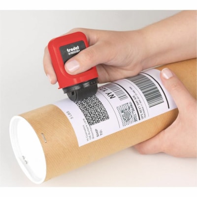 Trodat Roller Stamp - 1" (25.40 mm) Impression Width - Black - Shipping - Recycled RED MOUNT  NO REFILLS 