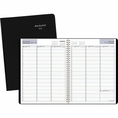 At-A-Glance 2026 Weekly Appointment Book - 11" H x 8" W - Black - Bilingual - Weekly - 12 Month - January 2026 to December 2026 - Quarter-hourly, 7:00 AM to 9:45 PM - Monday - Friday, 7:00 AM to 6:45 PM - Saturday - 1 Week Double Page Layout - 8" (203.20 mm) x 11" (279.40 mm) Sheet Size - Spiral Bou BILINGUAL 8X11 BLK SIM.LEATHER 