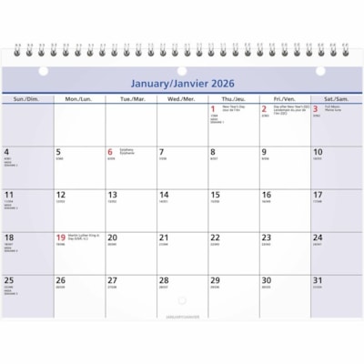At-A-Glance 2026 QuickNotes Monthly Wall/Desk Calendar - 8" H x 11" W - Bilingual - Monthly - 12 Month - January 2026 to December 2026 - 11" (279.40 mm) x 8" (203.20 mm) Sheet Size - 3 x Holes - 1.25" (31.75 mm) x 1.25" (31.75 mm) Block - Wire Bound - Desk - Wall Mount - Blue - Paper - Bleed Resista 11X8 3 HOLE PUNCH WIREBOUND BILINGUAL CALENDAR