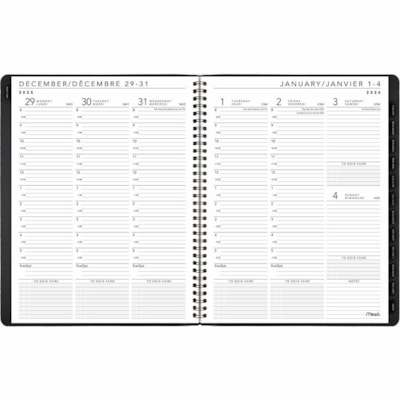 Le cahier de rendez-vous mensuel Contempo 2026 Mead peut aider à la planification des evenements, des tâches et des rendez-vous. - Hebdomadaire, Mensuel - 12 Mois - Janvier 2026 à Décembre 2026 - Toutes les heures - 1 Semaine, 1 Mois Disposition double page - format 8 1/4 po (209,5 CONTEMPORAIN RECYCLÉ  NOIR  BILINGUE