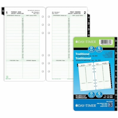 Day-Timer 2026 Dated Refill 1-Page/Day Portable - 6-3/4" H x 3-3/4" W - Bilingual - Daily - 12 Month - January 2026 to December 2026 - 8:00 AM to 8:00 PM - Hourly - 1 Day Single Page Layout - 3 3/4" (95.25 mm) x 6 3/4" (171.45 mm) Sheet Size - Green - Paper Cover - Event Planning Sheet, Task List, A 1PPD 3.75X6.75 BILINGUAL 30% PCW