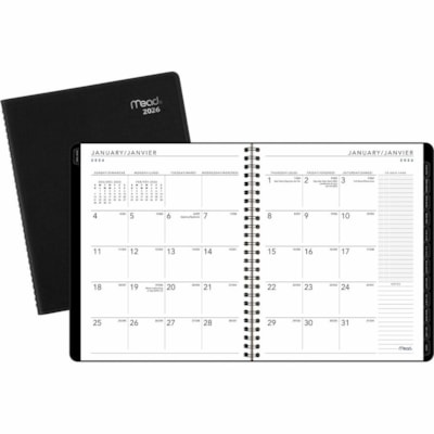 Mead 2026 Contempo Monthly Appointment Book - 8-3/4" H x 6-7/8" W - Black - Bilingual - Monthly - 12 Month - January 2026 to December 2026 - 1 Month Double Page Layout - 6 7/8" (174.50 mm) x 8 3/4" (222.25 mm) Sheet Size - Spiral Bound - Paper - Black Poly, Polypropylene Cover - Appointment Schedule DESK APPOINTMENT BOOK BLACK 