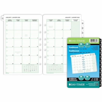 Day-Timer 2026 Dated Refill 2-Pages/Month Desk - 8-1/2" H x 5-1/2" W - Bilingual - Desk - Monthly - 12 Month - January 2026 to December 2026 - 1 Month Double Page Layout - 5 1/2" (139.70 mm) x 8 1/2" (215.90 mm) Sheet Size - 7 x Holes - Green - Paper - Paper Cover - Tabbed, Reference Month, To-do Li 5.5X8.5 BILLINGUAL 30% PCW