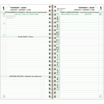 Day-Timer 2026 Wirebound Dated Refill 2 Pages/Day Pocket - 6-1/2" H x 3-1/2" W - Bilingual - Pocket - Daily - 12 Month - January 2026 to December 2026 - 8:00 AM to 5:00 PM - Quarter-hourly - 1 Day Double Page Layout - 3 1/2" (88.90 mm) x 6 1/2" (165.10 mm) Sheet Size - Spiral Bound - Green - Paper C 3-1/2 X 6-1/2 BILINGUAL 30% PCW